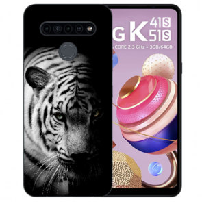 Handyhülle TPU Silikon für LG K41s mit Tiger Schwarz Weiß Fotodruck  
