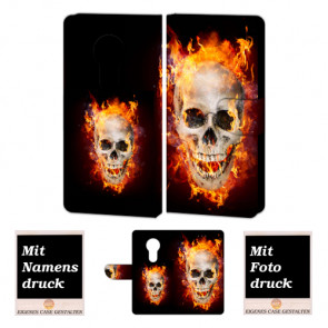 Handyhülle für Motorola Maoto E5 mit Totenschädel - Feuer + Fotodruck