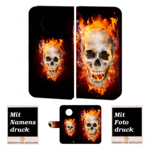 Motorola Maoto G6 Plus Handy Hülle Tasche mit Totenschädel - Feuer + Foto Druck