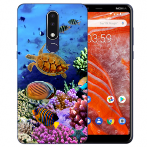 Nokia 3.1 Plus Silikon TPU Hülle mit Fotodruck Aquarium Schildkröten