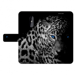 Nokia 3.2 Handy Hülle Tasche mit Fotodruck Leopard mit blauen Augen Etui