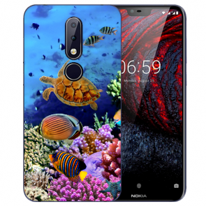 Nokia 6.1 Plus (2018) Silikon TPU Hülle mit Fotodruck Aquarium Schildkröten