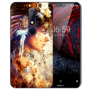 Nokia 6.1 Plus (2018) Silikon TPU Hülle mit Fotodruck Indianerin Porträt