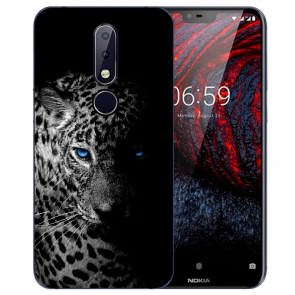 Nokia 6.1 Plus (2018) Silikon TPU Hülle mit Fotodruck Leopard mit blauen Augen 