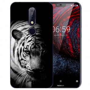 Nokia 6.1 Plus (2018) Silikon TPU Hülle mit Tiger Schwarz Weiß Fotodruck 