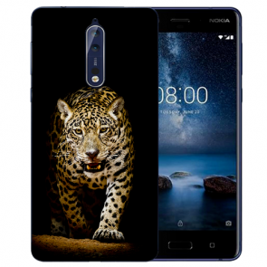 Nokia 8 TPU Hülle mit Fotodruck Leopard bei der Jagd Etui