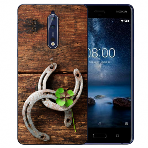 Nokia 8 TPU Hülle mit Fotodruck Holz hufeisen Etui