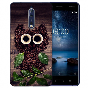 Nokia 8 TPU Hülle mit Fotodruck Kaffee Eule Etui
