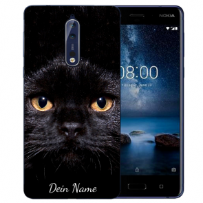 Nokia 8 TPU Hülle mit Fotodruck Schwarz Katze Etui