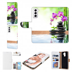 Samsung Galaxy S21 Plus Handy Tasche mit Bilddruck Orchidee Bambus und Basaltsteine