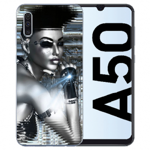 Samsung Galaxy A50s Silikon TPU Hülle mit Fotodruck Robot Girl Etui