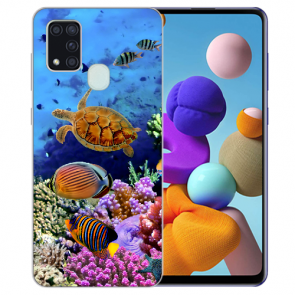 Samsung Galaxy M21 Silikon Hülle mit Bilddruck Aquarium Schildkröten