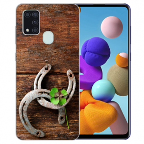 Samsung Galaxy M21 Silikon TPU Hülle mit Bilddruck Holz hufeisen