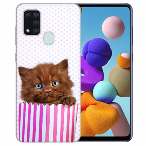 Samsung Galaxy M30S Silikon TPU Hülle mit Kätzchen Braun Bilddruck
