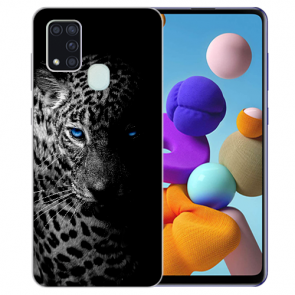 Samsung Galaxy M31 Silikon Hülle mit Leopard mit blauen Augen Bilddruck 