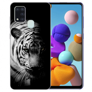 Samsung Galaxy M31 Silikon TPU Hülle mit Tiger Schwarz Weiß Bilddruck