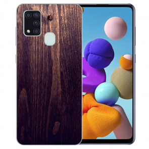 Samsung Galaxy M31 Silikon TPU Hülle mit Bilddruck HolzOptik Dunkelbraun