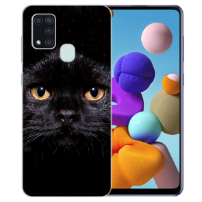 Samsung Galaxy M21 Silikon TPU Schutz Hülle mit Schwarz Katze Bilddruck