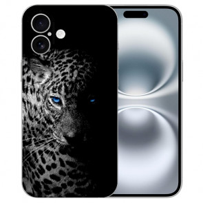 Handy Hülle TPU Etui für iPhone16 Plus Fotodruck Leopard mit blauen Augen Cover Case