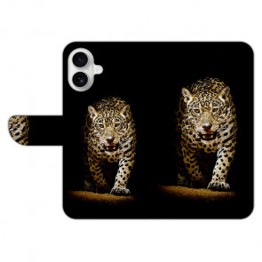 Flip Case Schutzhülle Fotodruck Leopard bei der Jagd Backcover für iPhone 16 Plus