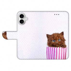 Backcover Flip Case Schutzhülle für iPhone 16 Plus Fotodruck Kätzchen Braun