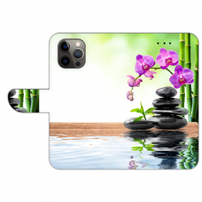 iPhone 13 mini Handy Tasche mit Fotodruck Orchidee Bambus und Basaltsteine