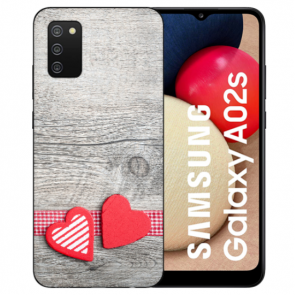 individuelle Schutzhülle mit Foto Bild für Samsung Galaxy A02S Herzen auf Holz