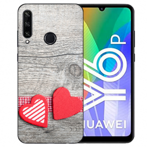 Huawei Y6P (2020) TPU Hülle mit Fotodruck Herzen auf Holz Etui