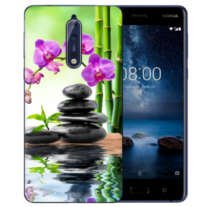 Nokia 8 TPU Hülle mit Fotodruck Orchidee Bambus und Basaltsteine Etui