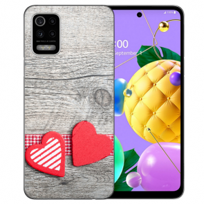 LG K52 Schutzhülle Handy Hülle Silikon TPU mit Fotodruck Herzen auf Holz