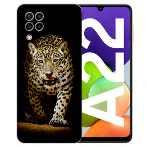 Samsung Galaxy A22 (4G) Silikon TPU Handy Hülle mit Fotodruck Leopard bei der Jagd