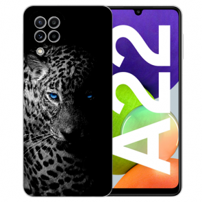 Samsung Galaxy A22 (4G) Silikon TPU Handy Hülle mit Fotodruck Leopard mit blauen Augen