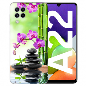 Samsung Galaxy A22 (4G) Silikon TPU Handy Hülle mit Fotodruck Orchidee Bambus und Basaltsteine