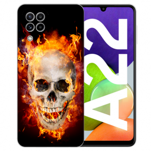 Samsung Galaxy A22 (4G) Silikon TPU Handy Hülle mit Fotodruck Totenschädel Feuer