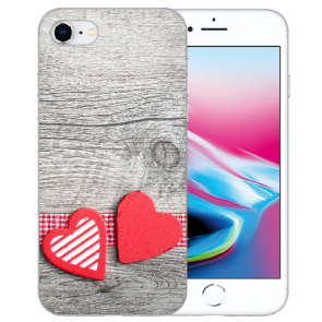 iPhone 7 / iPhone 8 Handy Hülle TPU mit Bild Druck Herzen auf Holz