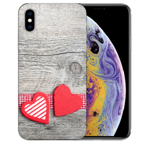 TPU Handy Tasche Etui mit Fotodruck Herzen auf Holz für iPhone X / XS 