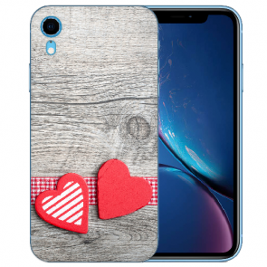 TPU Handy Hülle für iPhone XR Silikon mit Fotodruck Herzen auf Holz