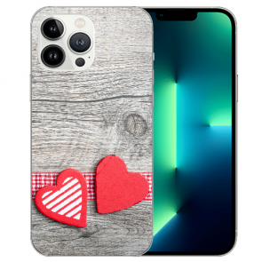  iPhone 13 Pro Handy Schutzhülle Silikon TPU mit Herzen auf Holz Fotodruck 