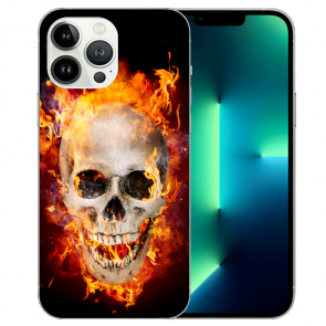  iPhone 13 Pro Handy Schutzhülle Silikon TPU mit Fotodruck Totenschädel Feuer