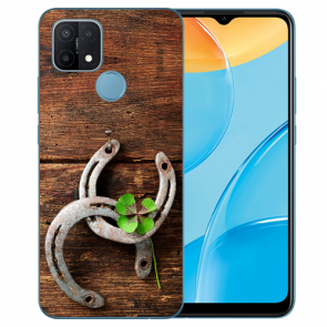 Oppo A15 Silikon TPU Handy Tasche Hülle mit Fotodruck Holz hufeisen