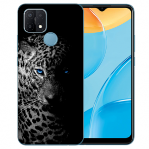 Oppo A15 Silikon Handy Hülle mit Fotodruck Leopard mit blauen Augen