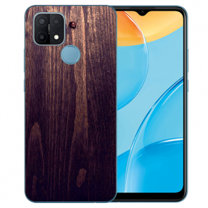 Oppo A15 Silikon TPU Handy Hülle mit Fotodruck Holzoptik dunkelbraun