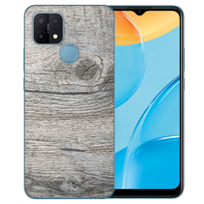 Oppo A15 Silikon TPU Handy Hülle mit Fotodruck Holzoptik Grau