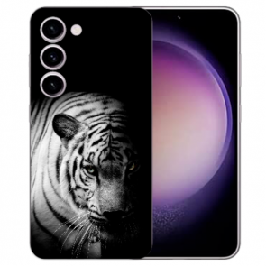 Silikon Foto für Samsung Galaxy S24 (5G) Etui Handy Hülle Fotohülle Bilddruck Tiger Schwarz Weiß