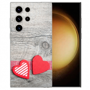 TPU Schutzhülle Cover Case für Samsung Galaxy S23 Ultra (5G) Bilddruck Herzen auf Holz