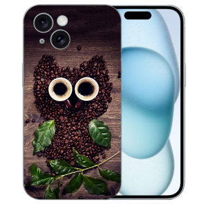 Silikon Flipcase Schutzhülle mit Fotodruck Kaffee Eule für iPhone 15 Plus Back Hülle
