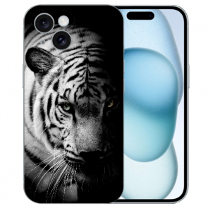 Schutzhülle TPU Flipcase mit Fotodruck Tiger Schwarz Weiß für iPhone 15 Plus Case 
