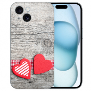 TPU Schutzhülle Case mit eigenes Fotodruck Herzen auf Holz für iPhone 15 Cover