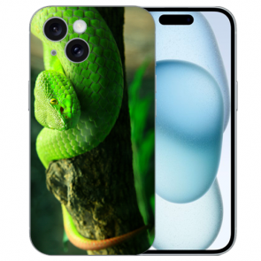 TPU Handycover Schale mit eigenes Fotodruck Grüne Schlange für iPhone 15 Back Case
