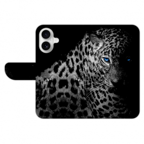 Flip Case Schutzhülle Fotodruck Leopard mit blauen Augen Backcover für iPhone 16 Plus